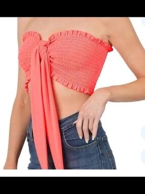 Zenana Smocked Strapless Tie-Front Crop Top - Deep Coral-Sizes S,M,L,XL-NIB